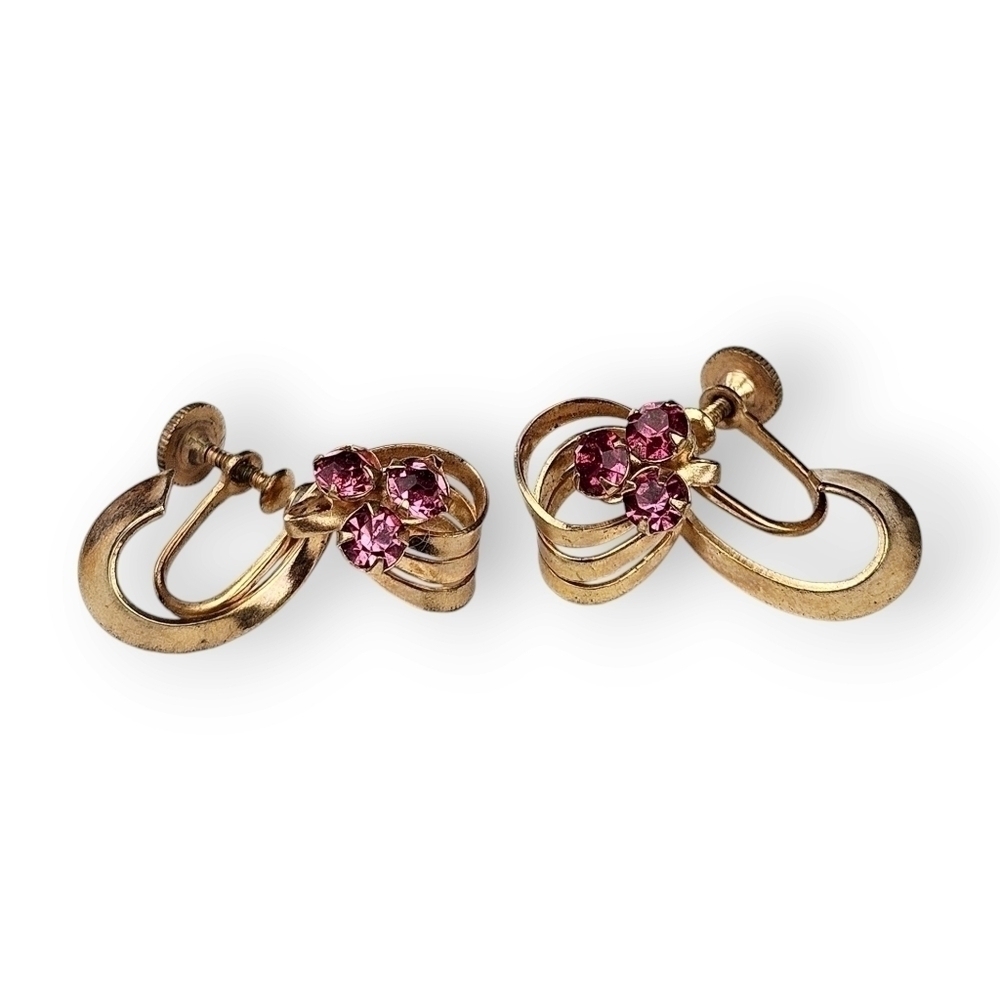 Art Deco Floral Ribbon Earrings Pink Rhinestone Cluster Gold Plate Screwback Vtg